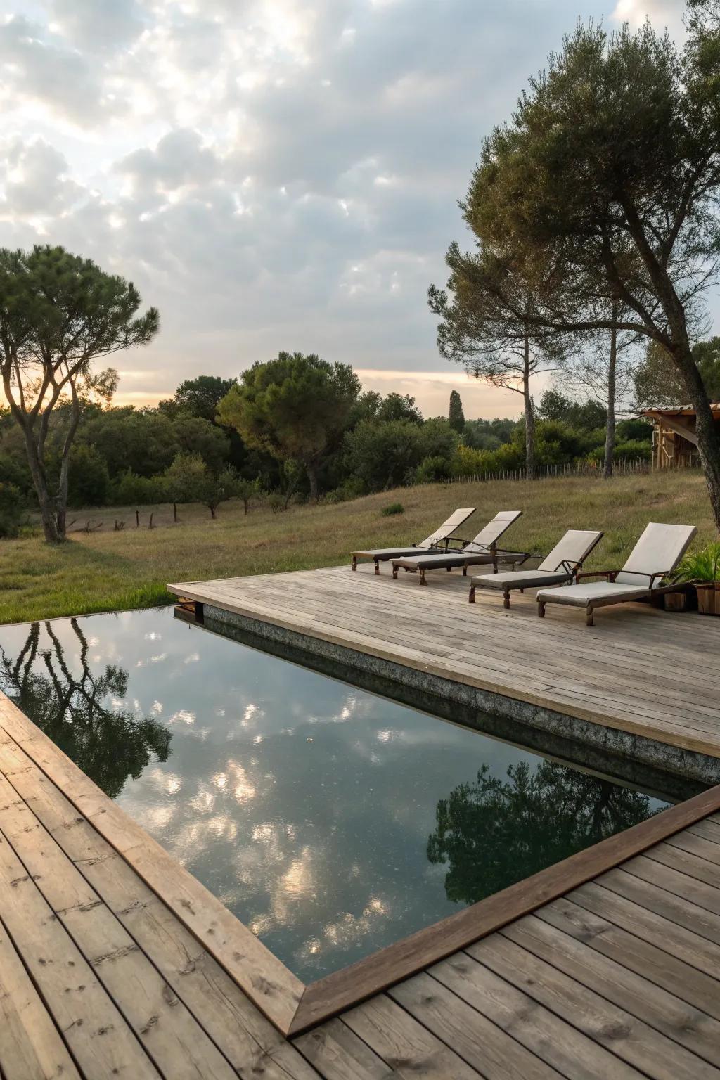A shallow pool with elegant wooden decking.