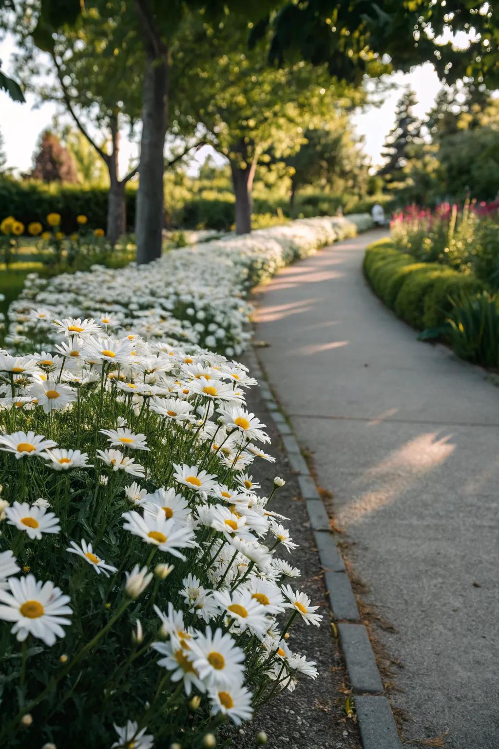Shasta daisies lining a garden pathway, adding charm and elegance to the landscape.