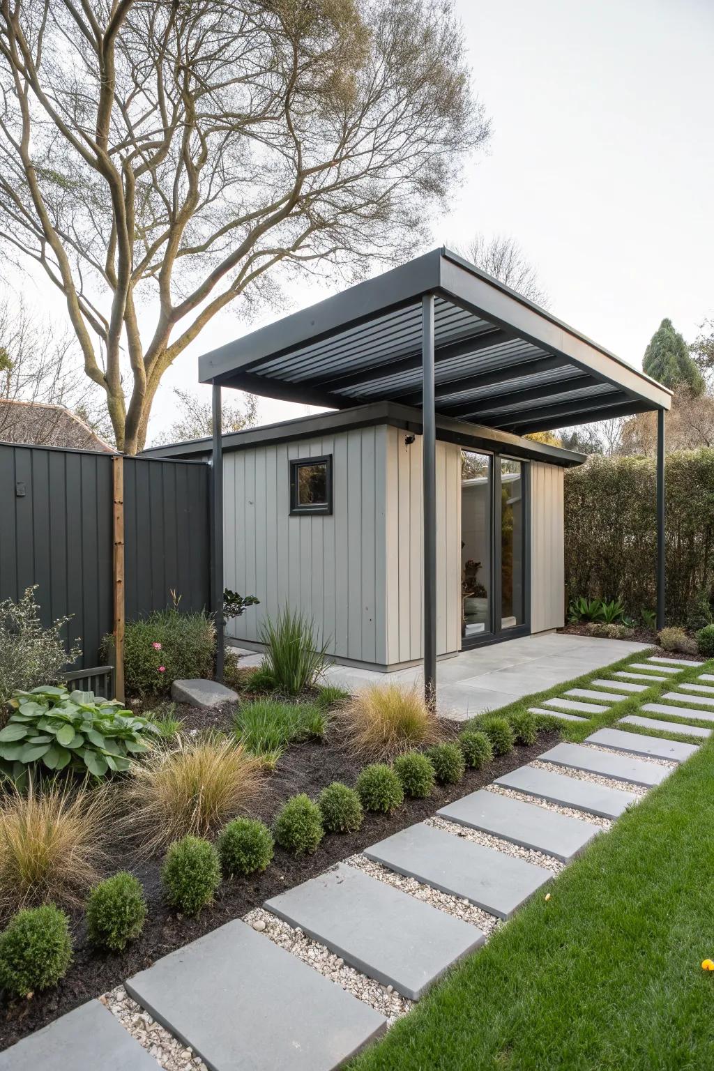 A modern metal overhang for a sleek and sophisticated garden shed.