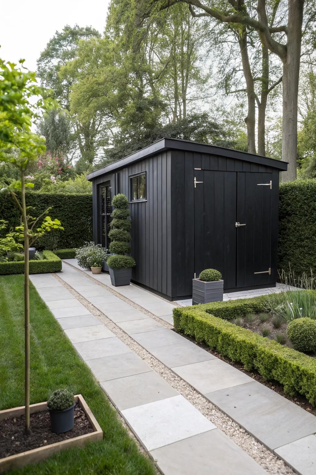 A black shed makes a dramatic statement in modern gardens.