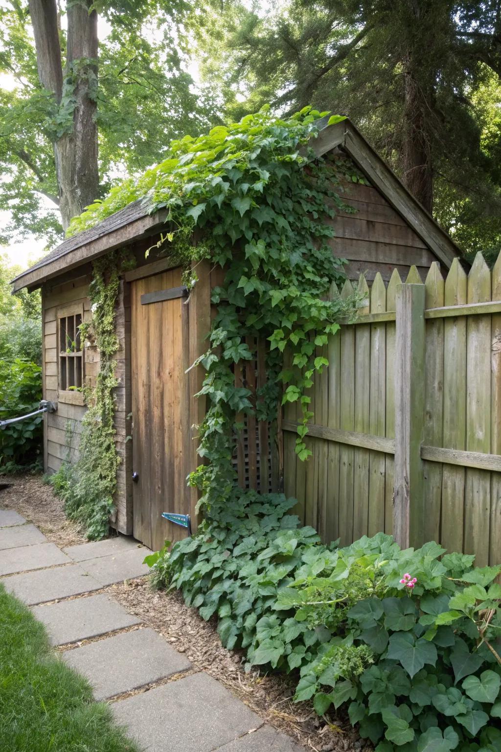 A shed offering both privacy and beauty against a fence.