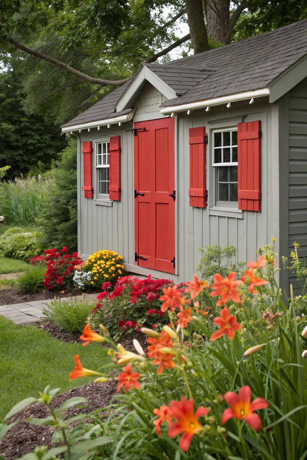 Bright red shutters create a striking contrast.