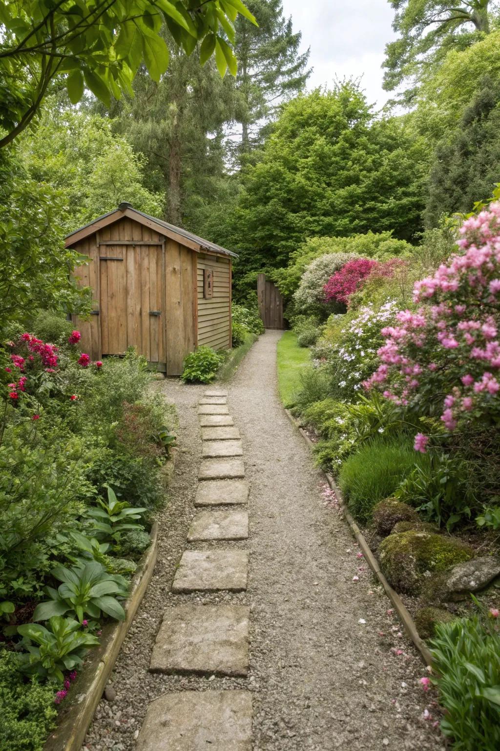 Gravel paths offer simplicity and a delightful crunch to your shed's entrance.