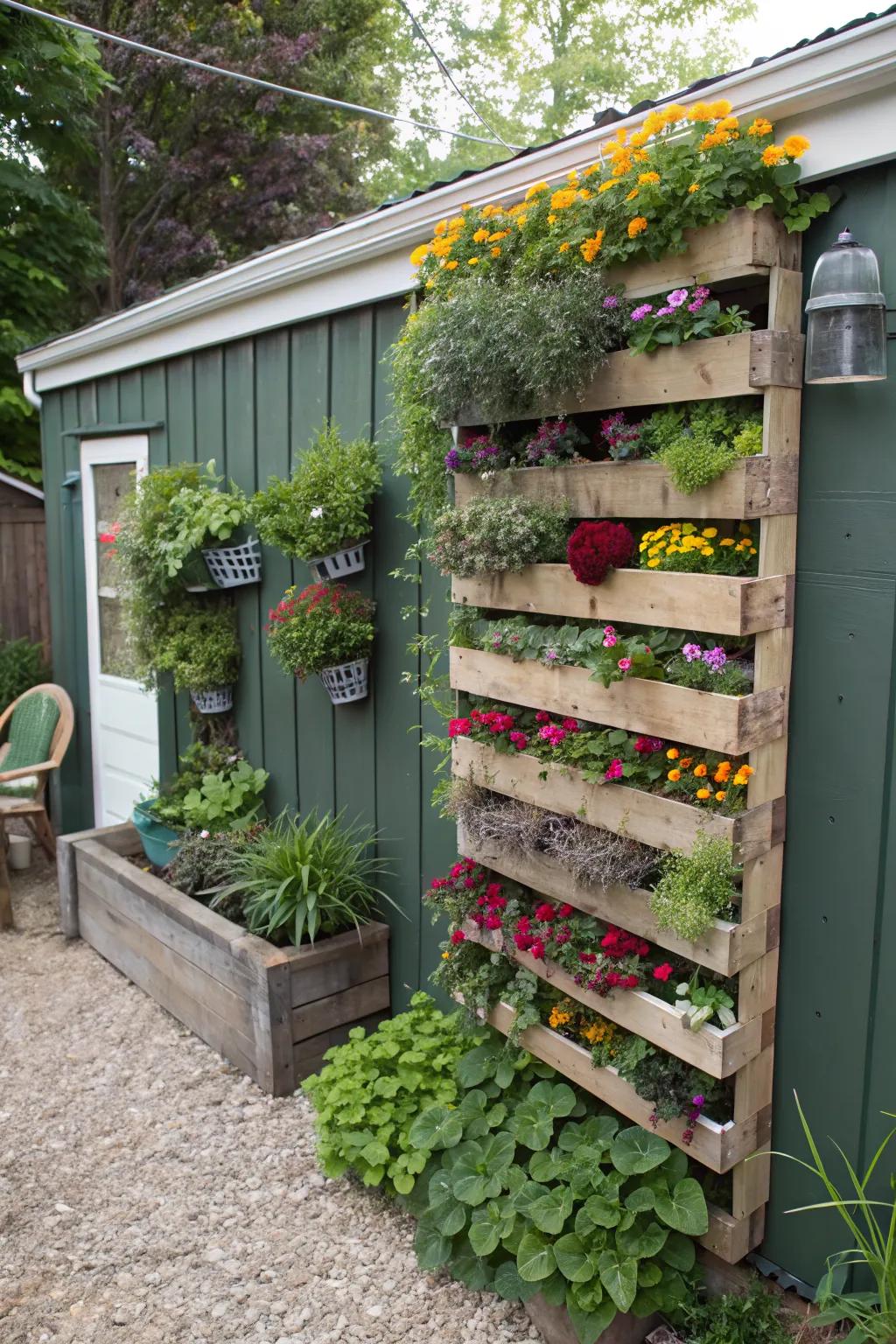 A vibrant vertical garden wall inside a shed.