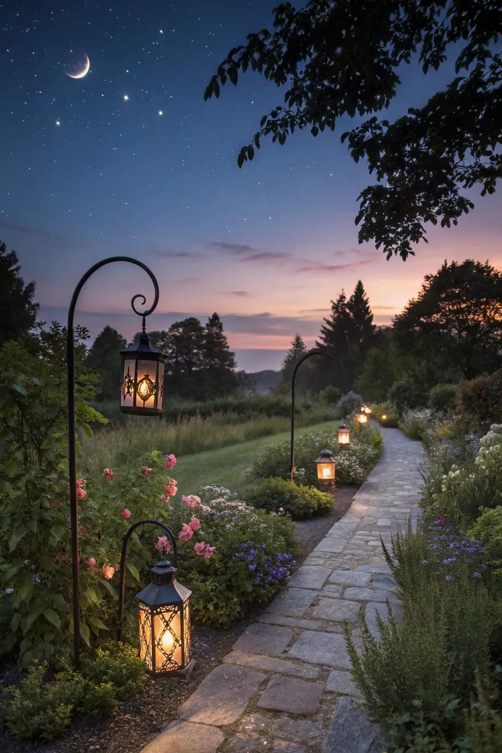 Lanterns on shepherd hooks illuminate a garden path, creating a magical evening glow.