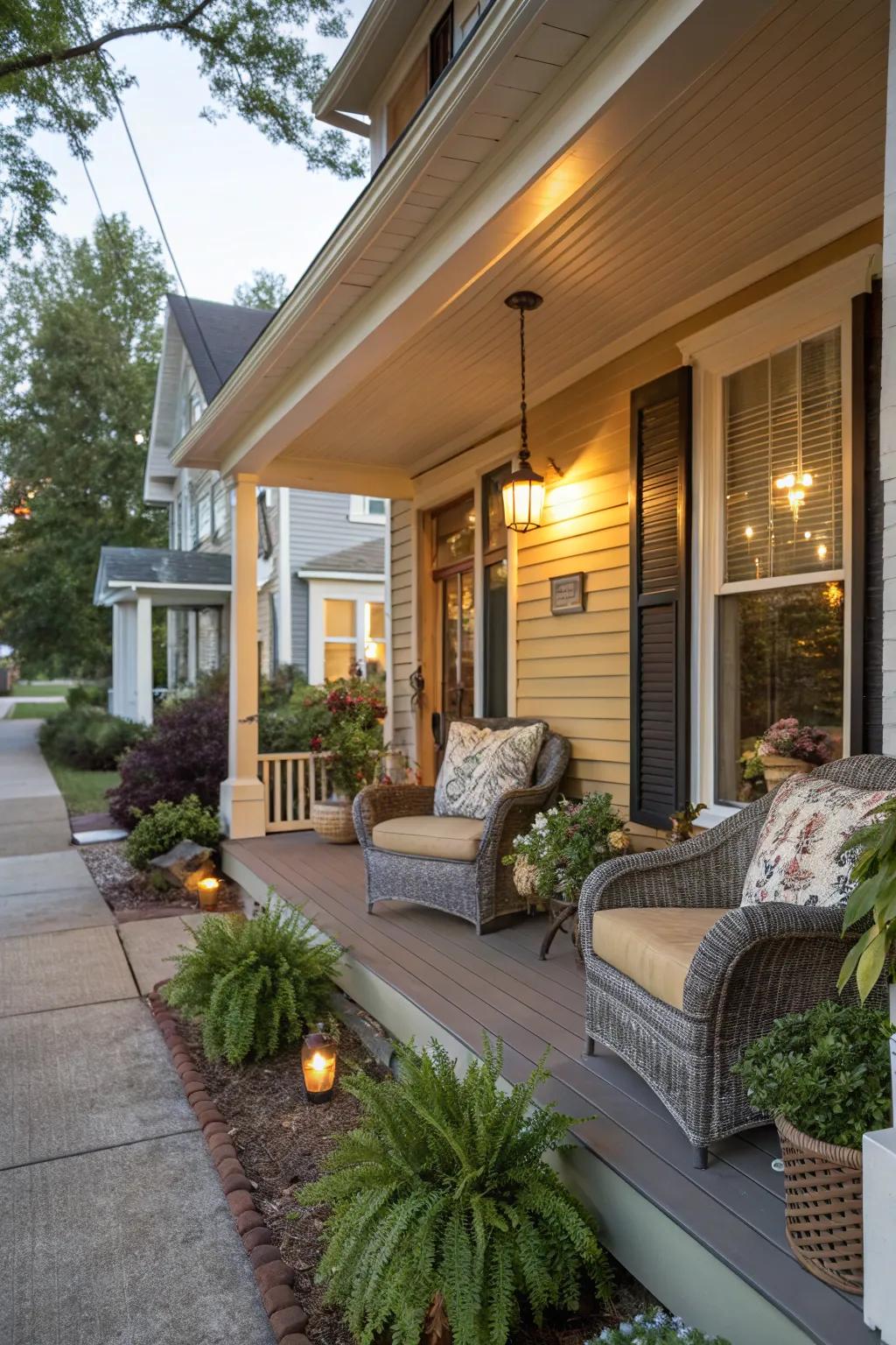 A cozy porch adds warmth and functionality to a shop house exterior