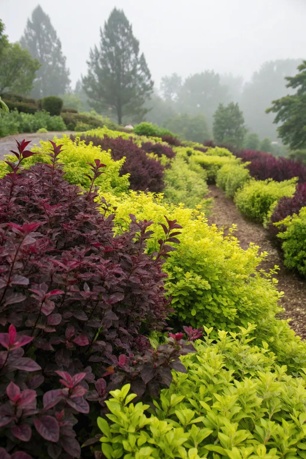 A colorful contrast of purple and lime green shrubs.