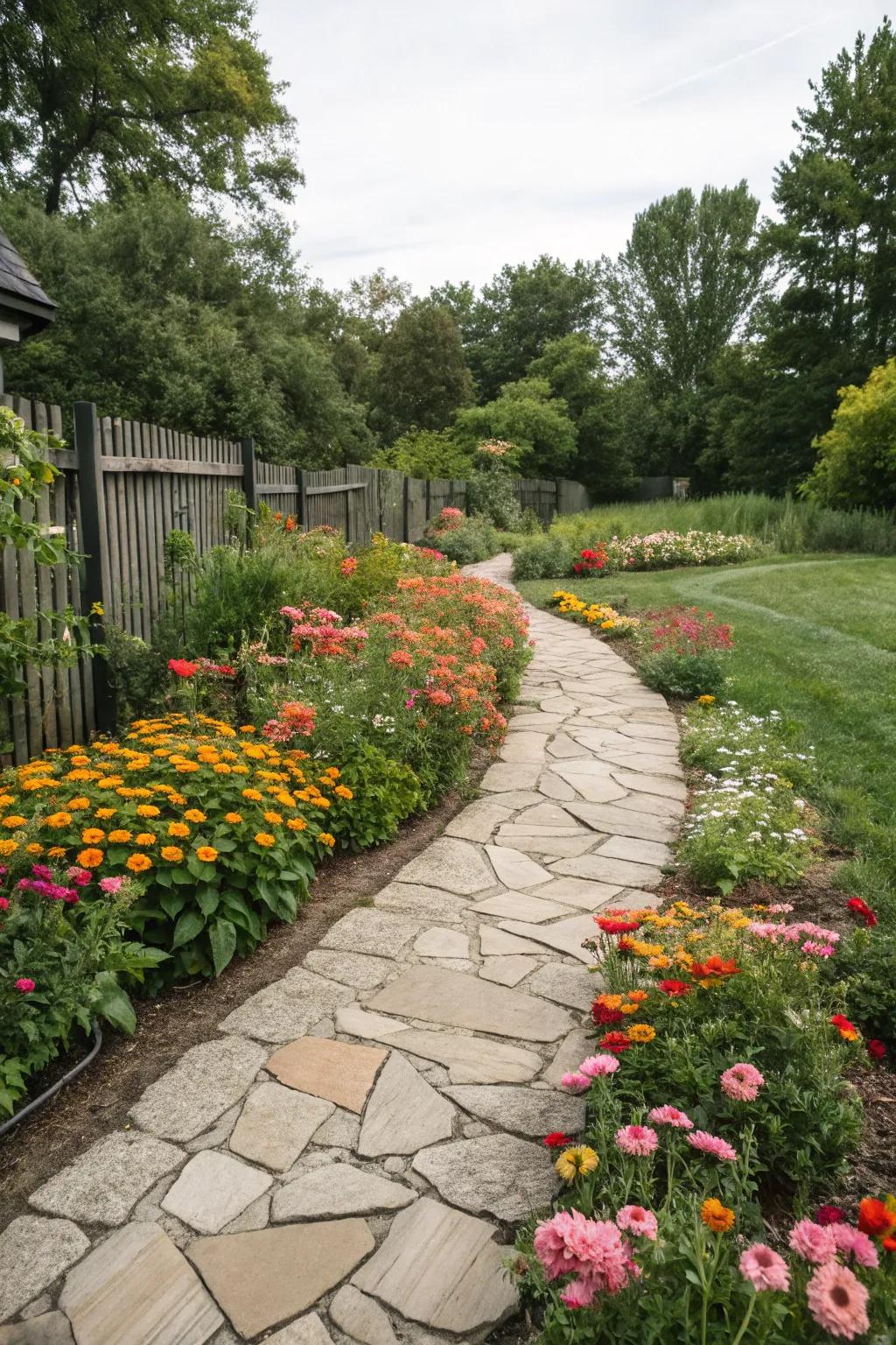 A stone pathway adds charm and accessibility to your flower bed.