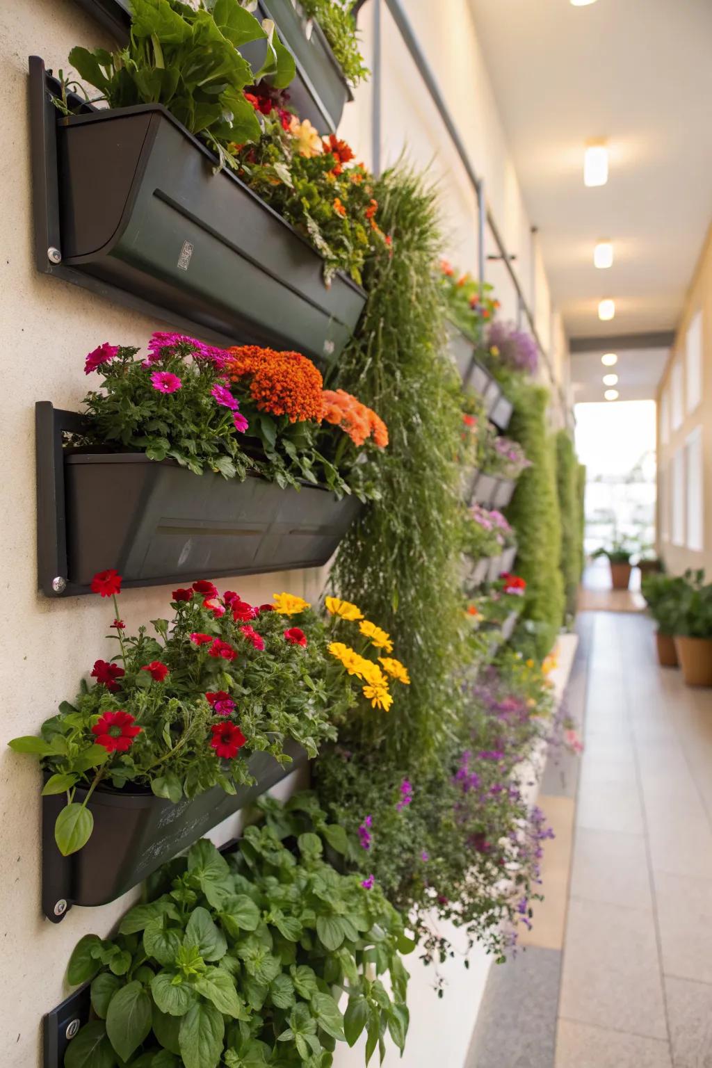 Vertical planters transform a plain wall into a vibrant garden.
