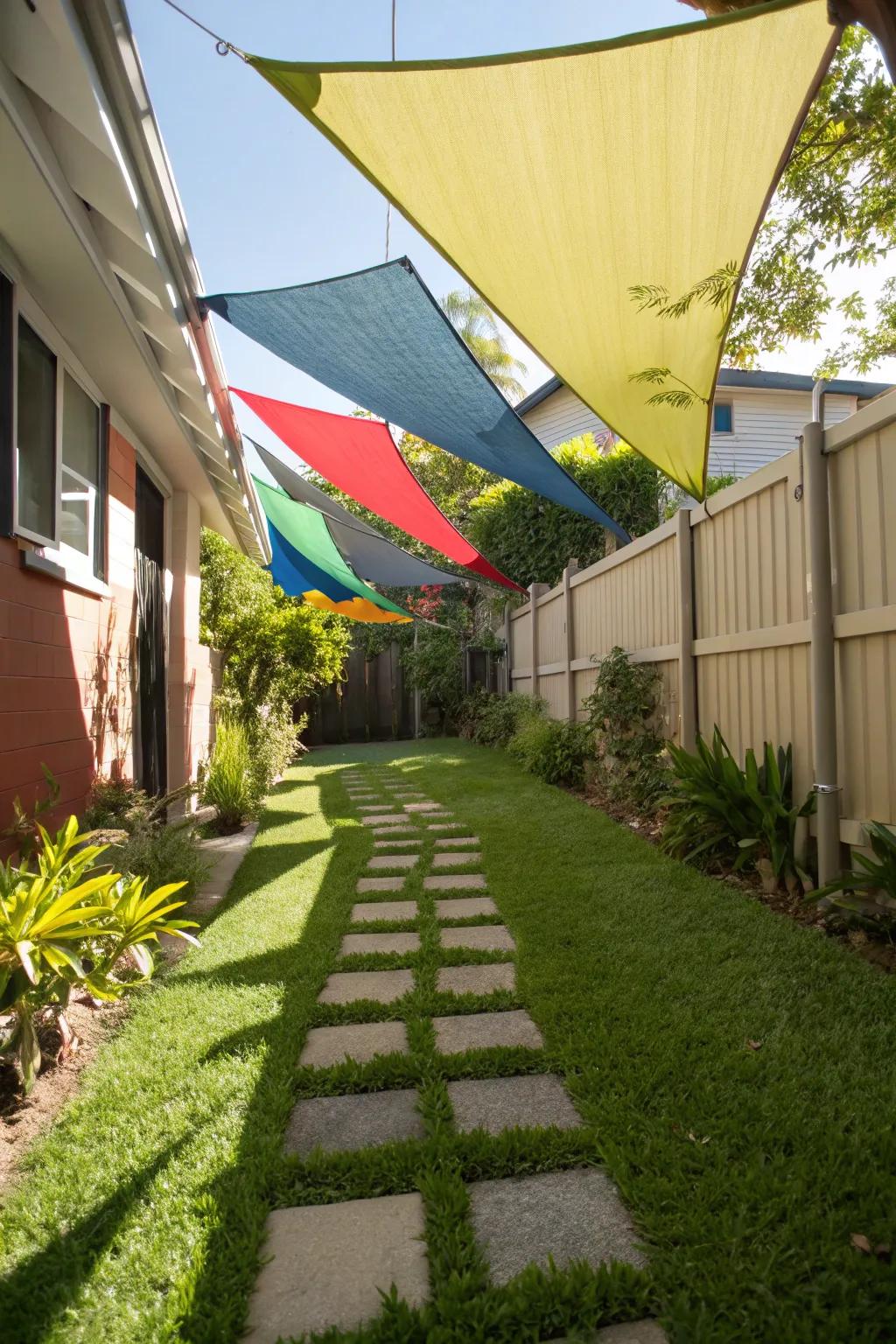 Shade sails provide versatile and colorful coverage for your side yard.