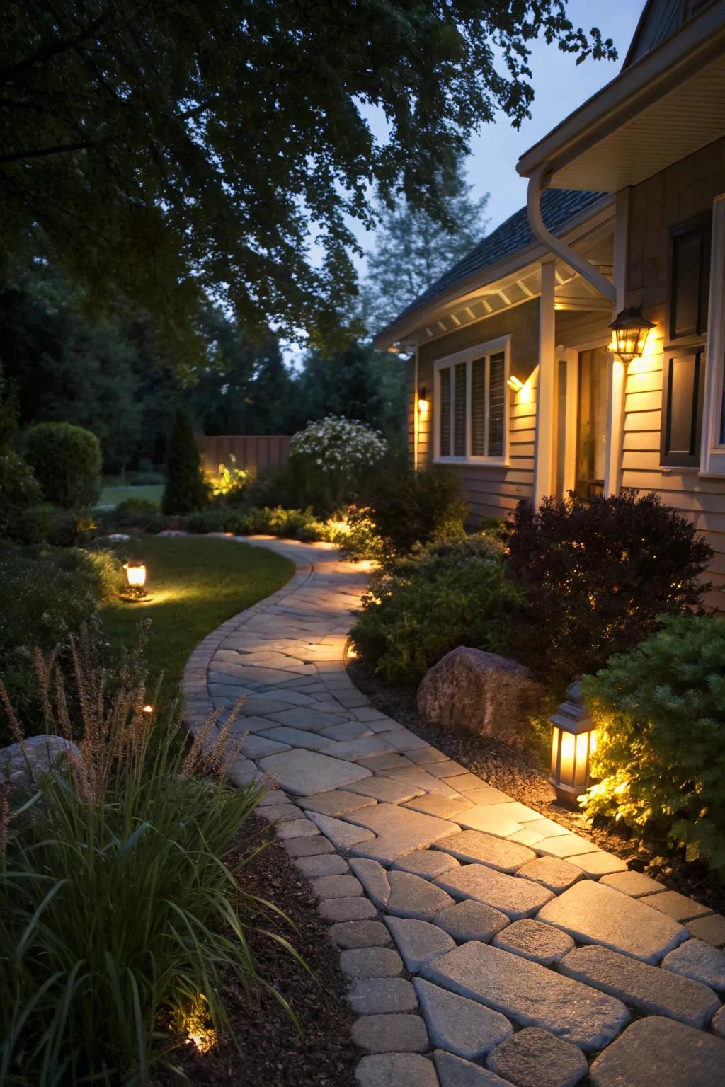 Pathway lighting adds a magical touch to side yard walkways.
