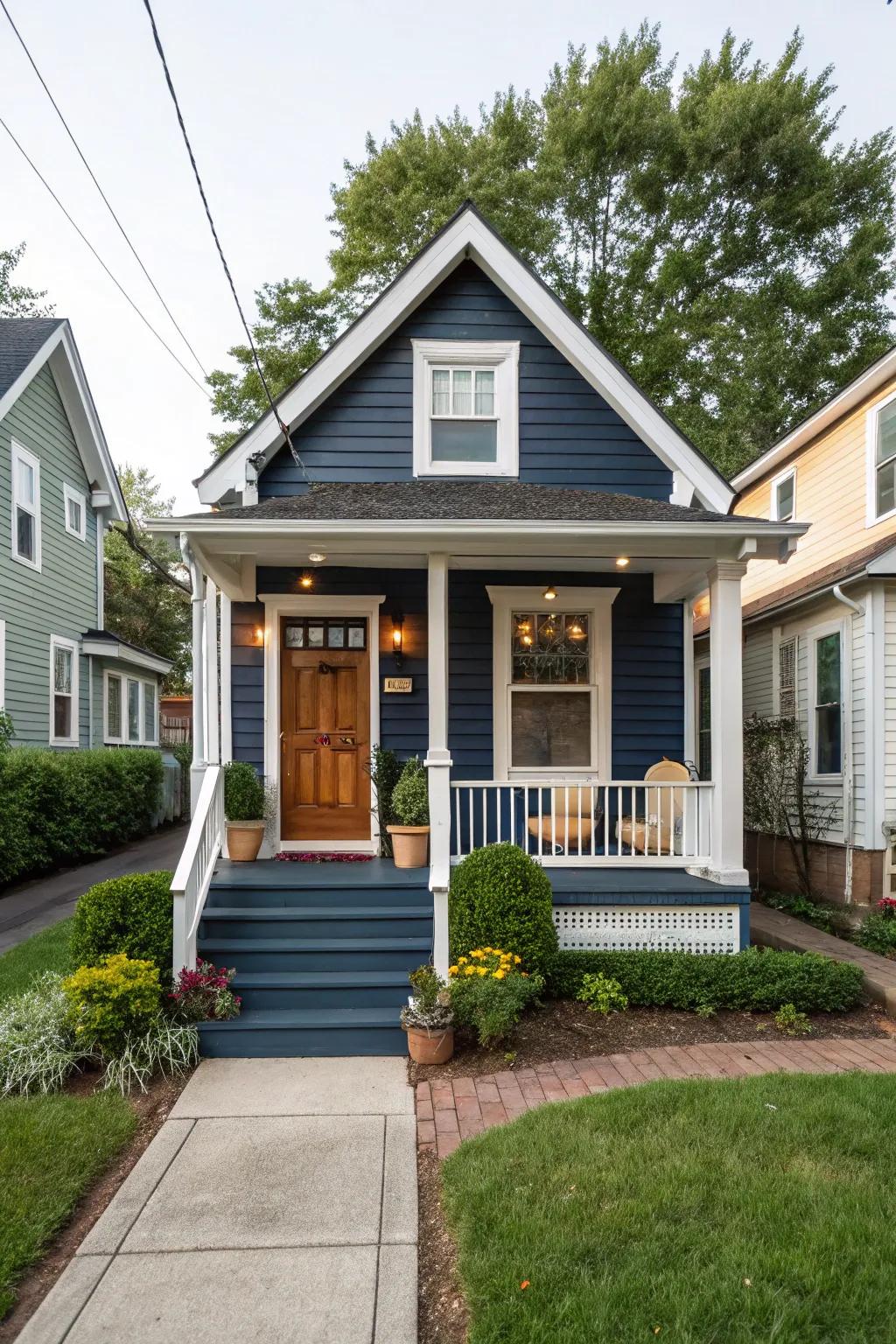Bold navy siding brings out the charm of this cozy cottage.