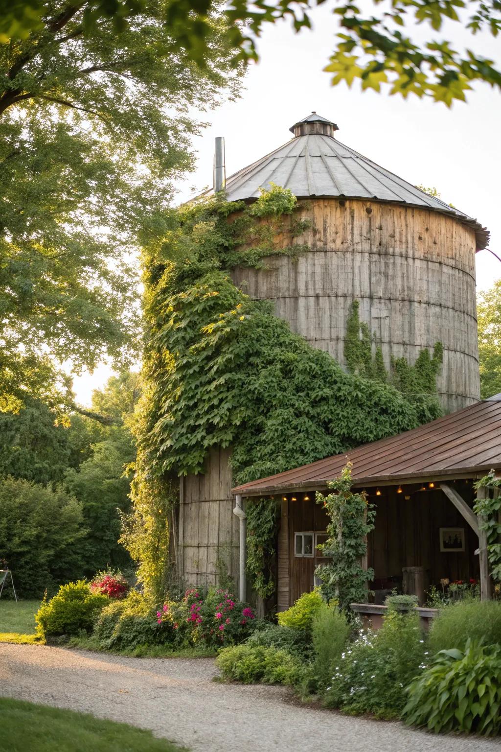 A silo bar beautifully enveloped by lush greenery and climbing plants.