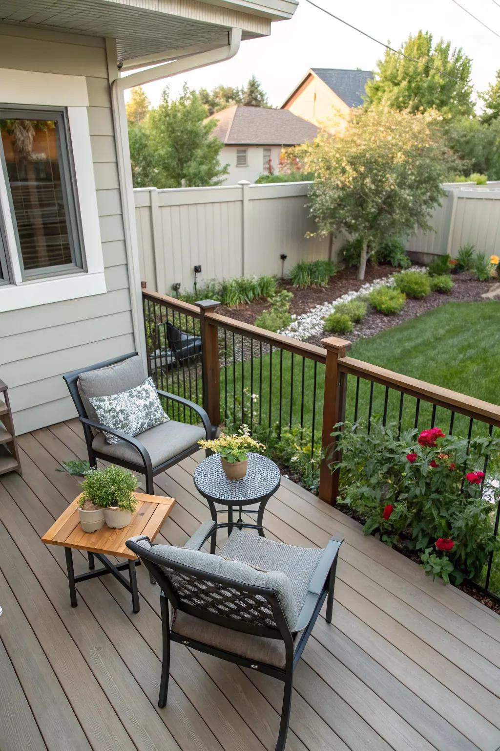 Elevated platforms add dimension and style to compact outdoor spaces.