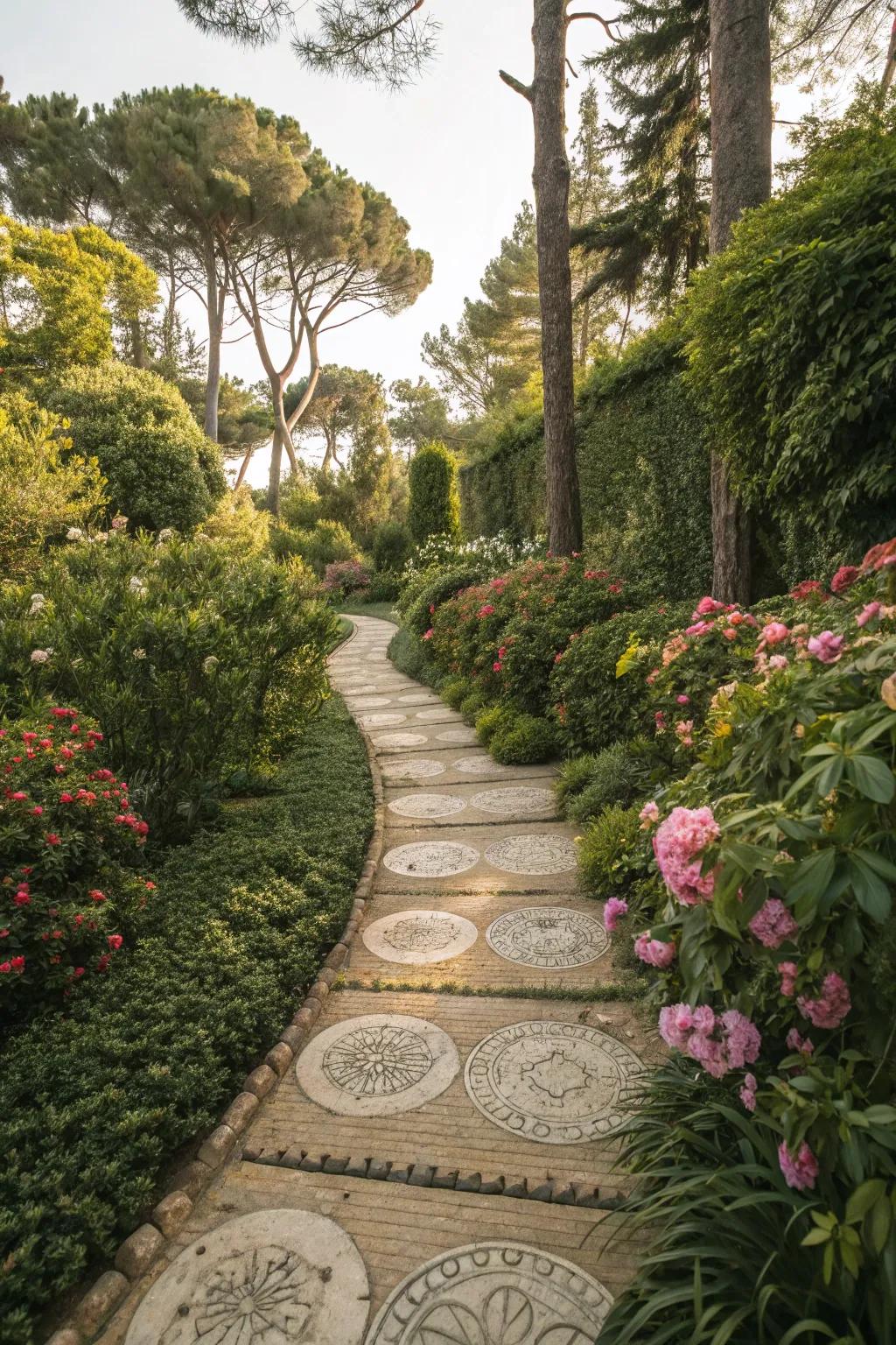 A picturesque pathway made of stepping stones weaving through a lush garden.