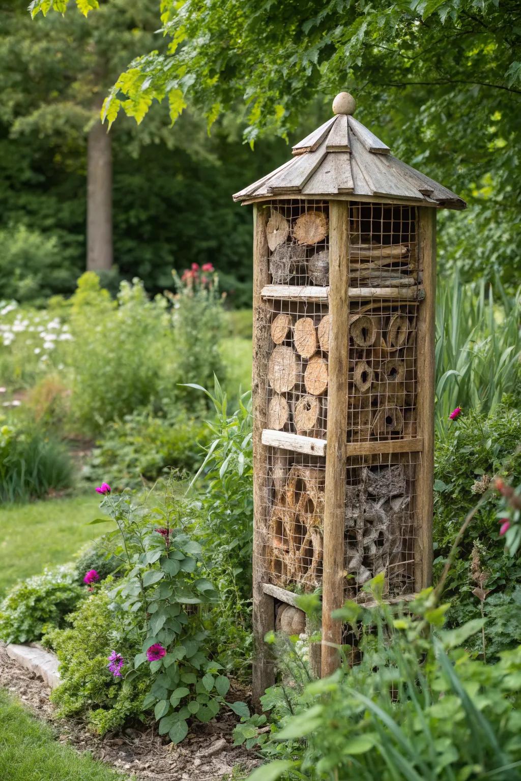 A vertical bug hotel made from twigs and wire mesh.