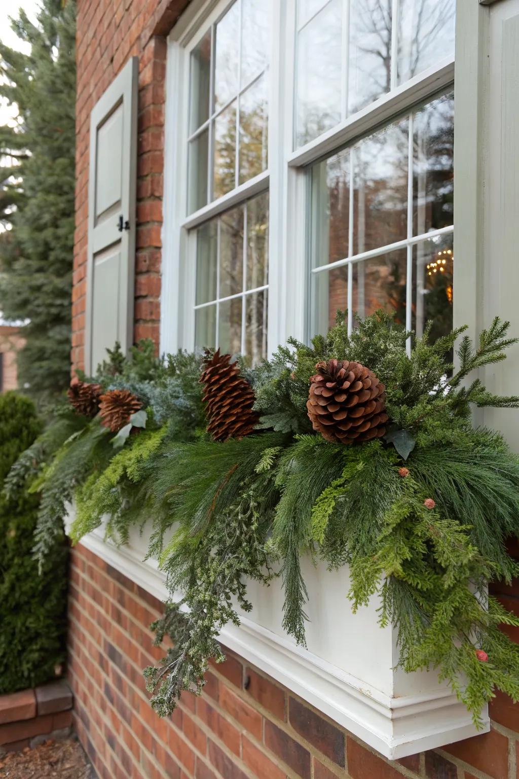 Pinecones add rustic elegance to Christmas window displays.