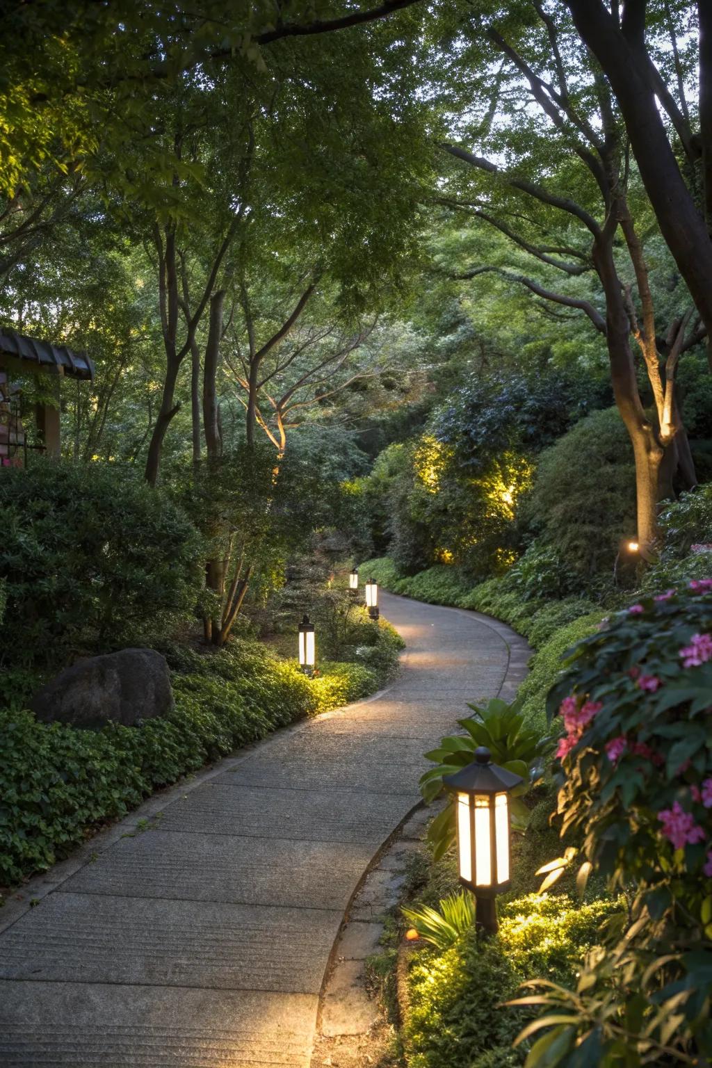 A garden path beautifully lit by solar lights.