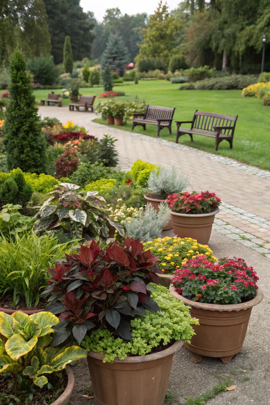 A variety of potted plants adding color and texture to the garden.
