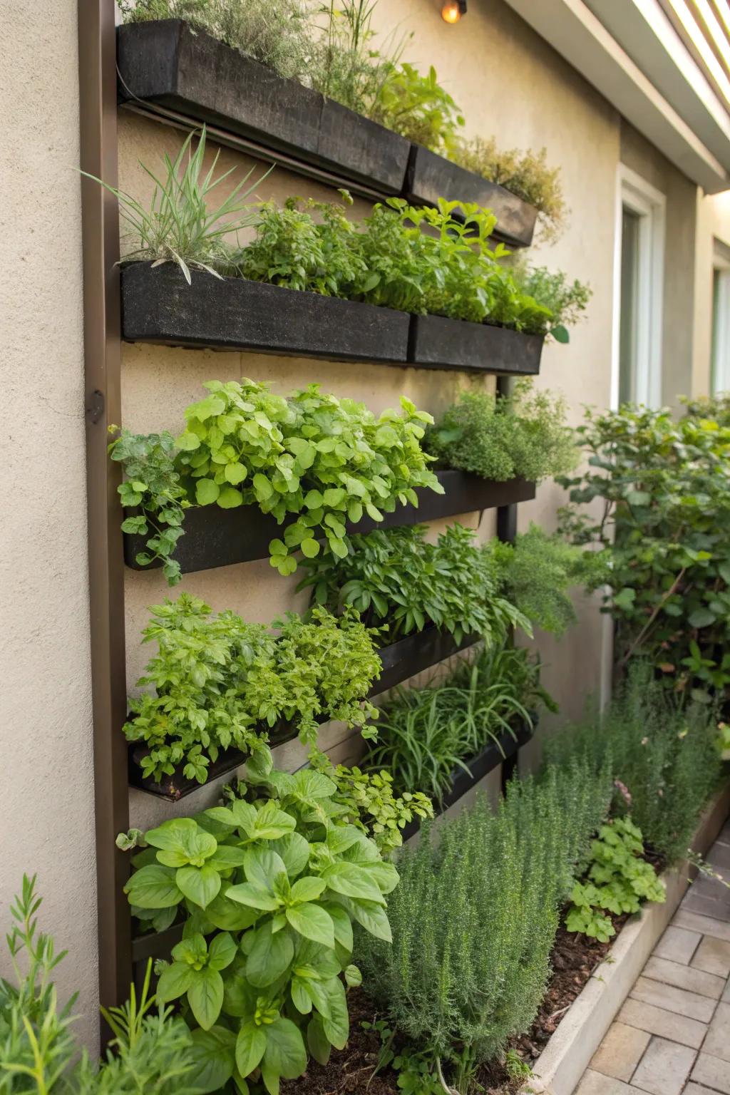 A thriving vertical garden mounted on a sunny wall.