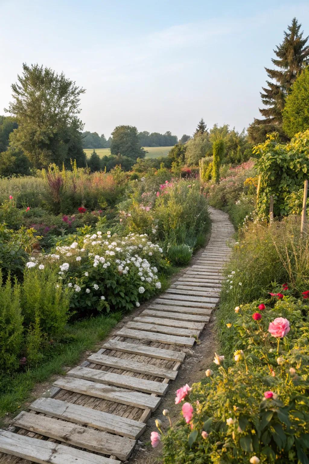 A charming garden path crafted from pallets guides you through nature.