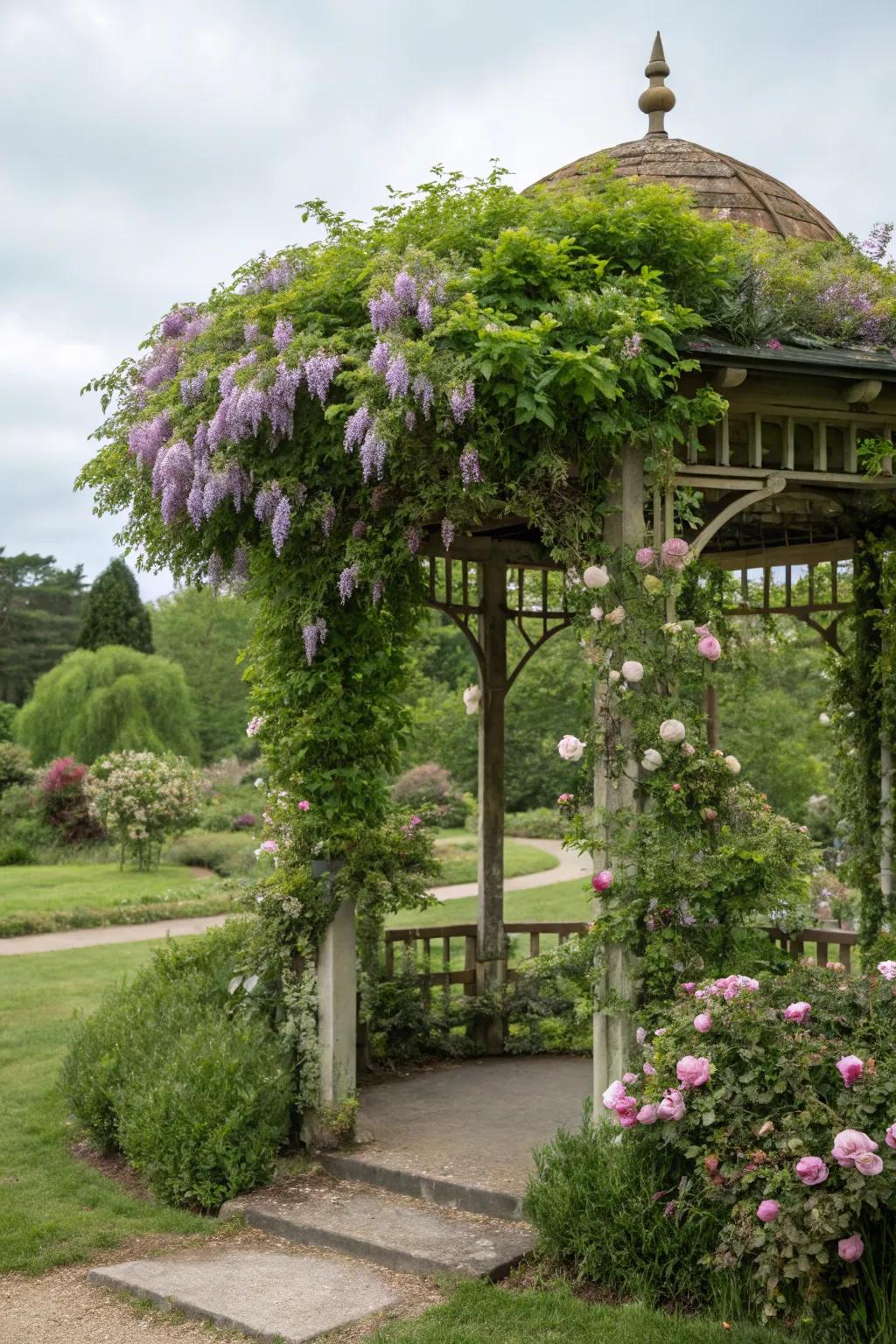 A gazebo beautifully enveloped in climbing plants, adding natural charm.