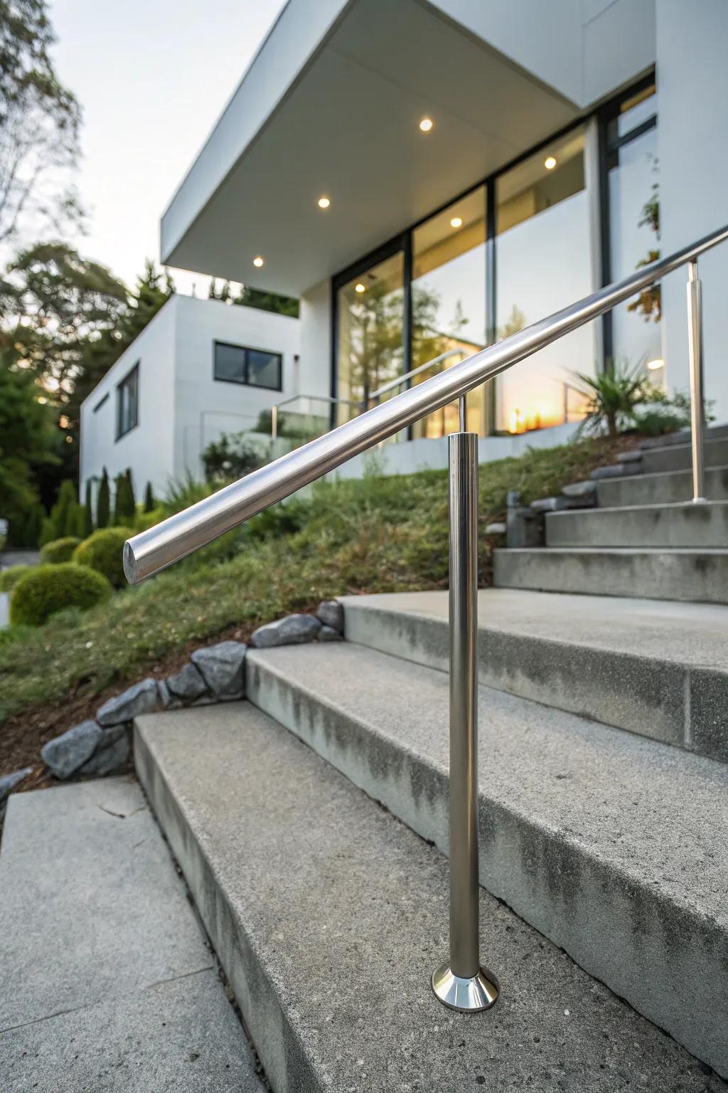 A minimalist metal handrail adds a sleek touch to modern concrete steps.