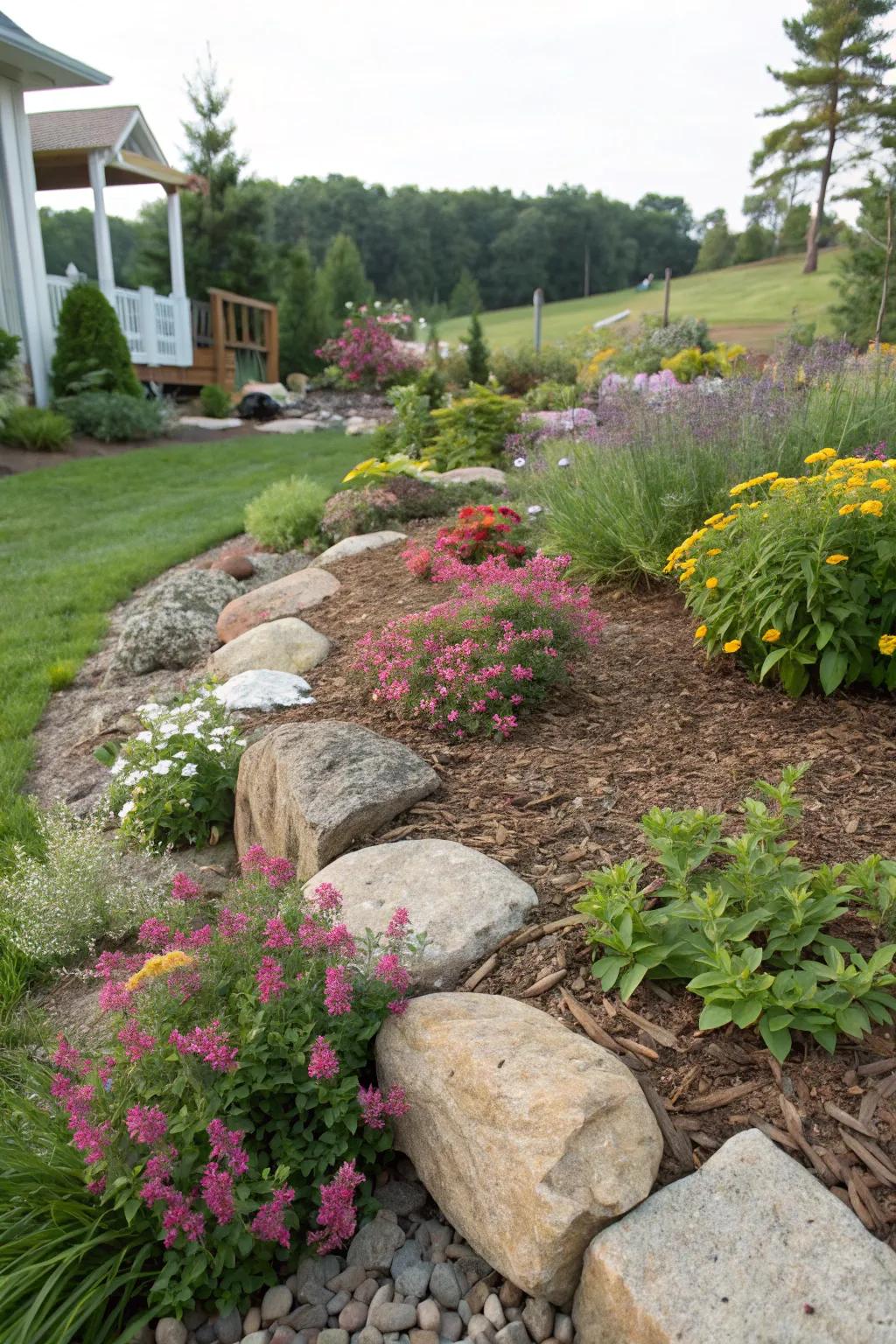Mulch and rock borders bring neatness and definition to garden spaces.
