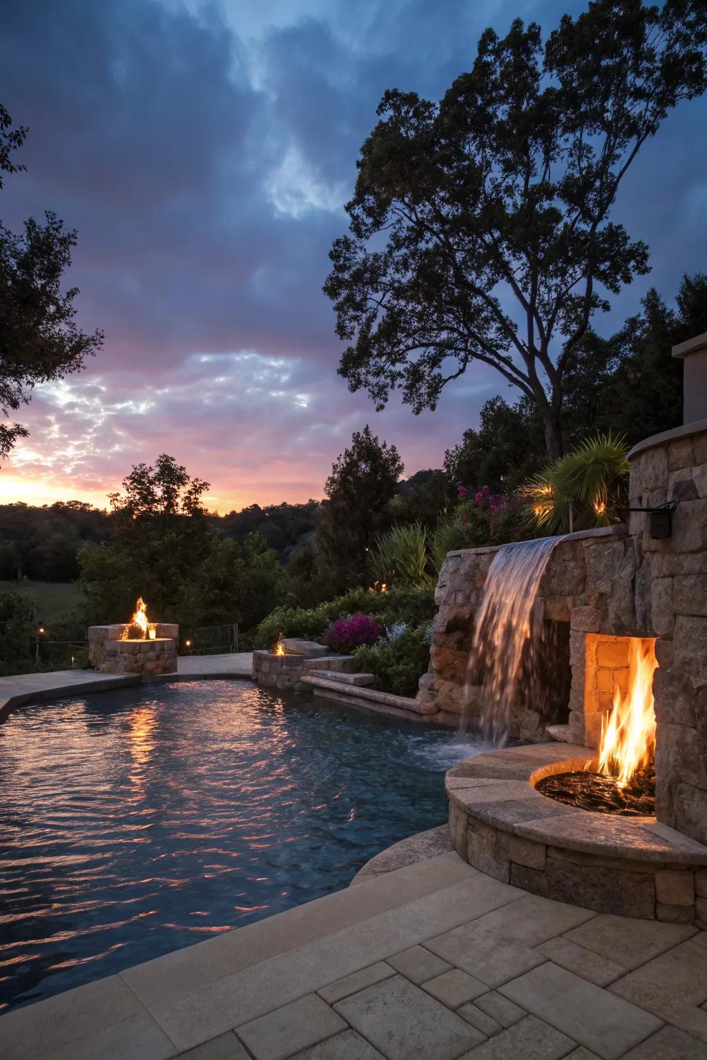 A striking combination of fire and water creates a dramatic poolside effect.