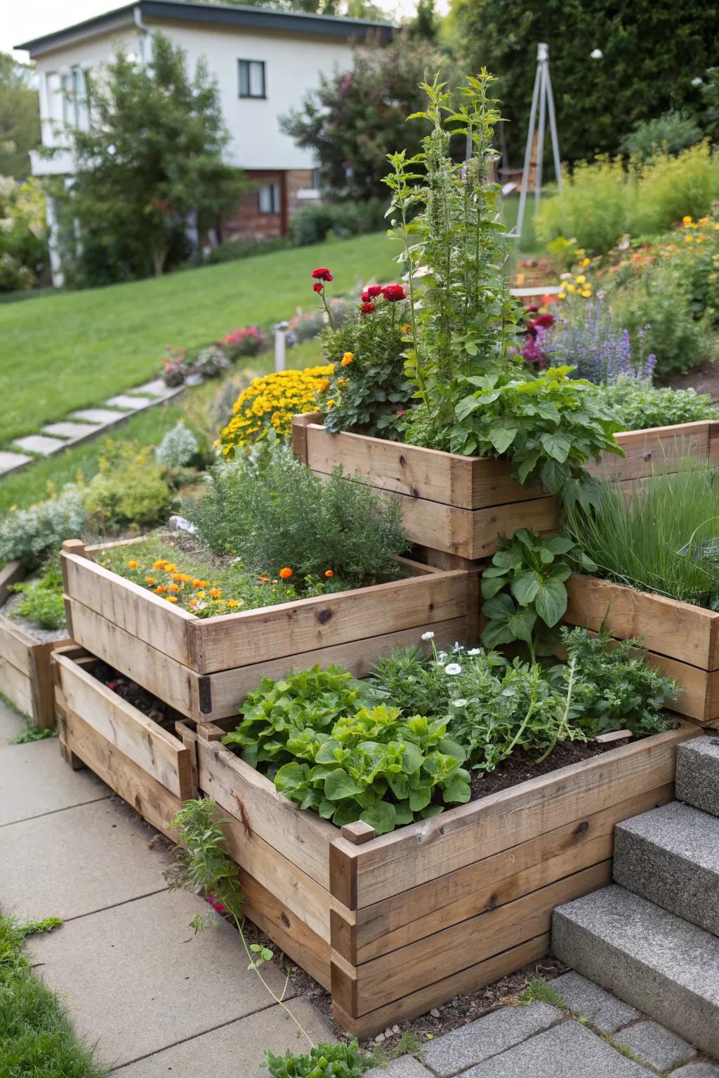Wooden raised planters filled with herbs and flowers.