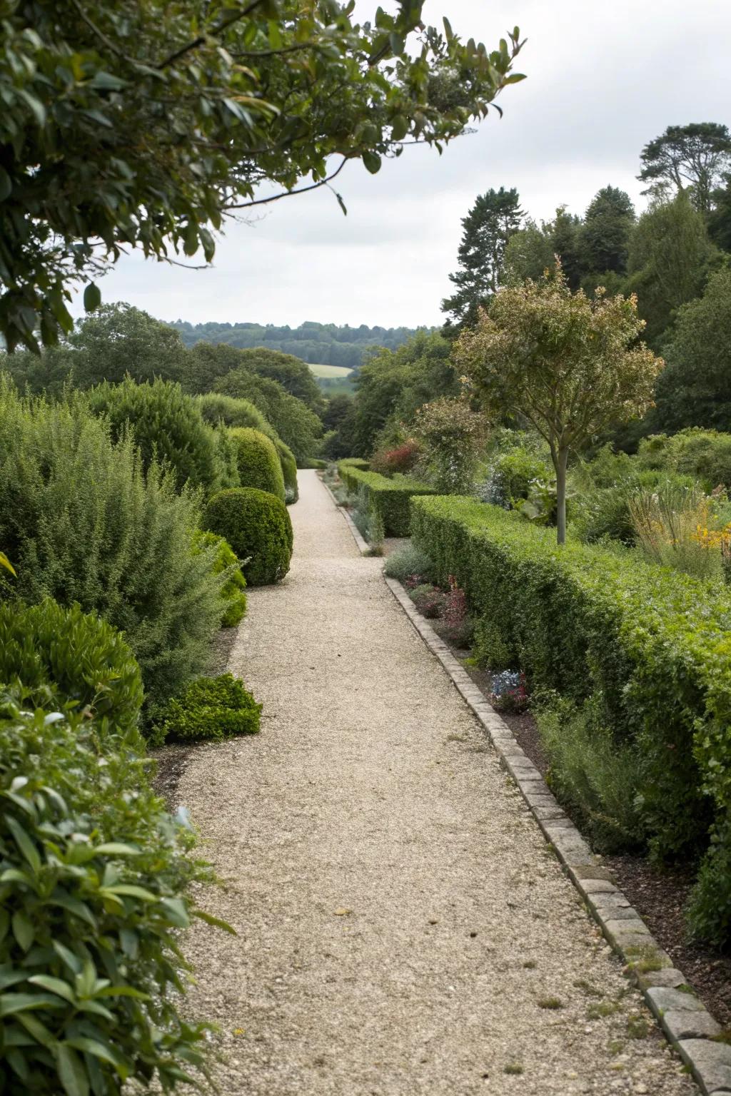 A simple gravel path offers a rustic charm in this garden.