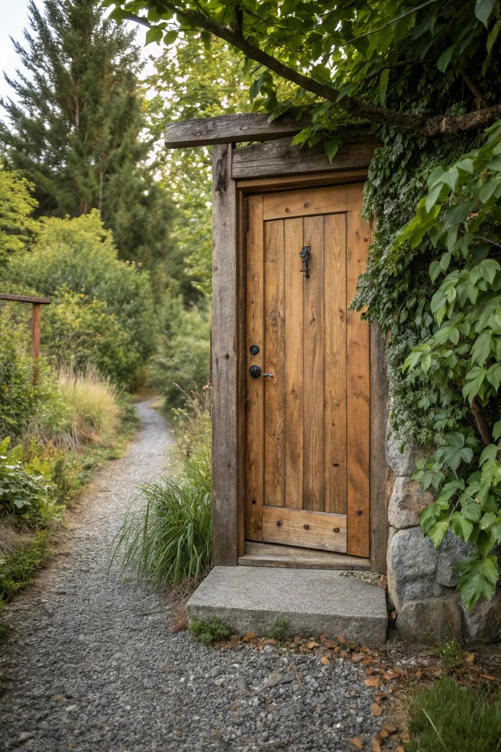 A rustic wooden front door showcasing natural textures and earthy tones.
