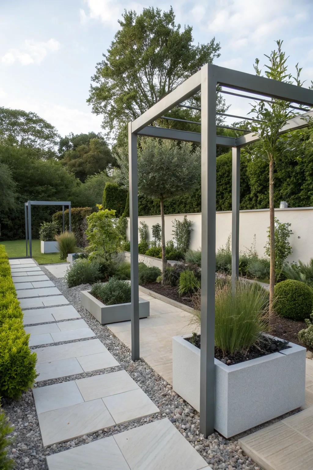 A minimalist metal arbor provides a modern touch to a contemporary garden.