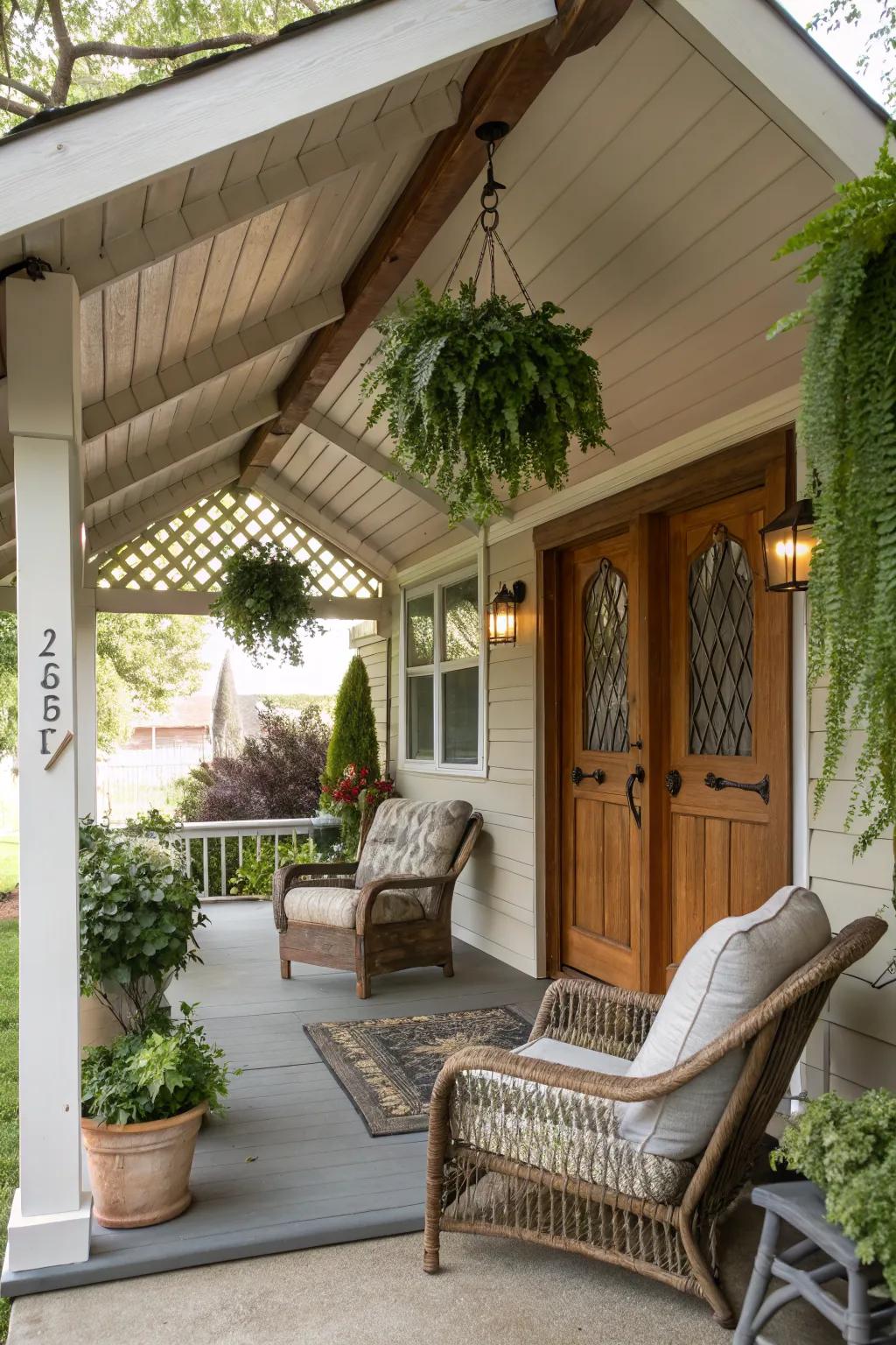 A covered porch offers shade and comfort, making outdoor relaxation even better.