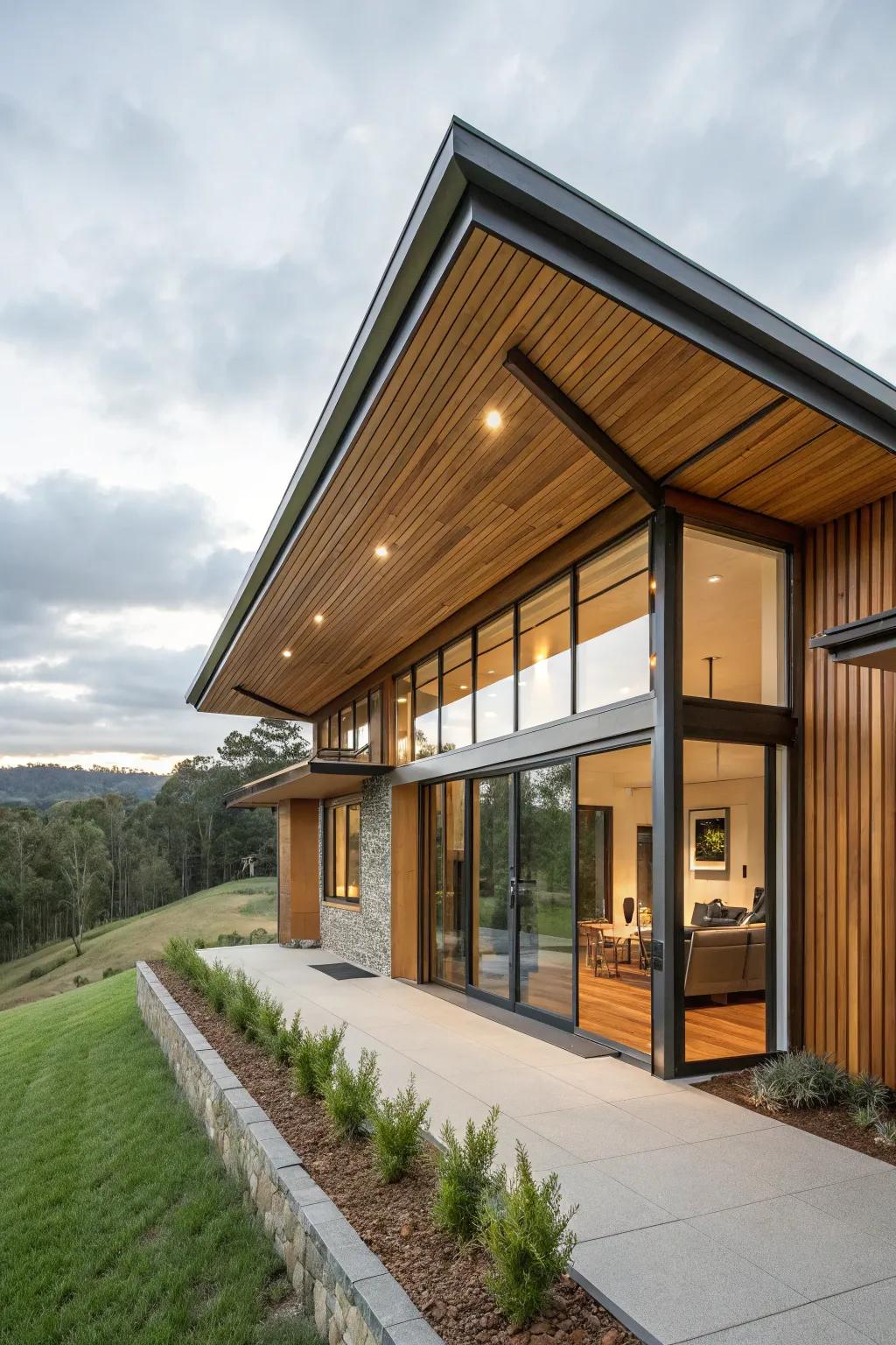 A skillion roof home showcasing a mix of wood and glass for a striking look.