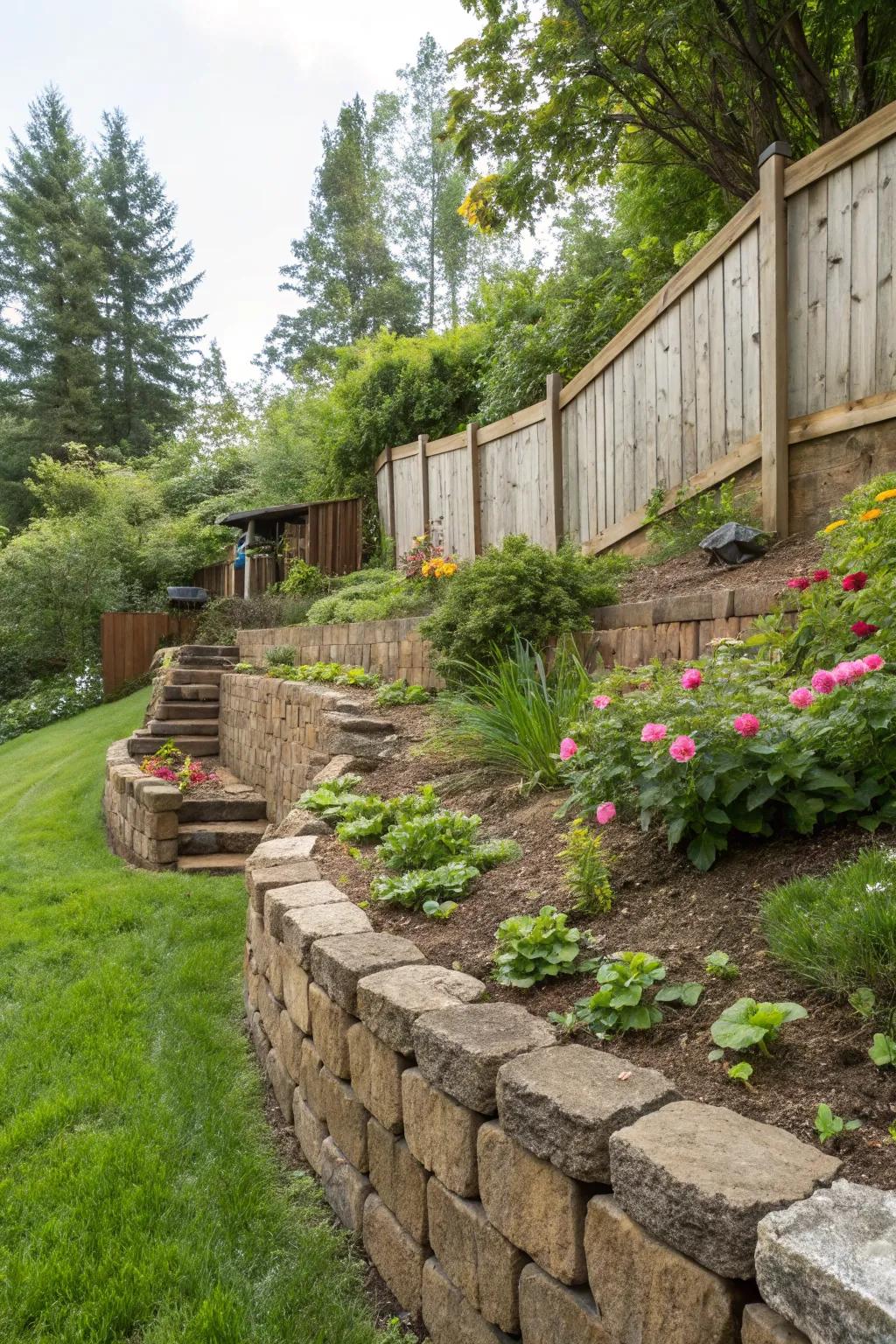 Retaining walls add structure and charm to sloped gardens.