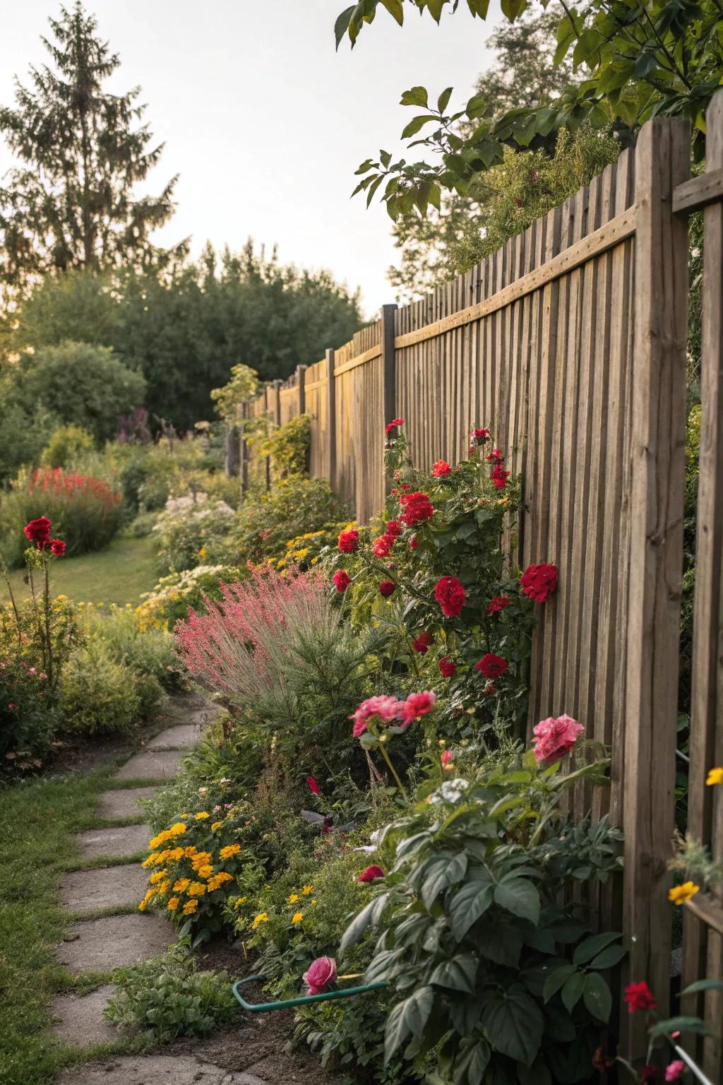 A garden with a classic vertical wooden slat fence adorned with flowers.