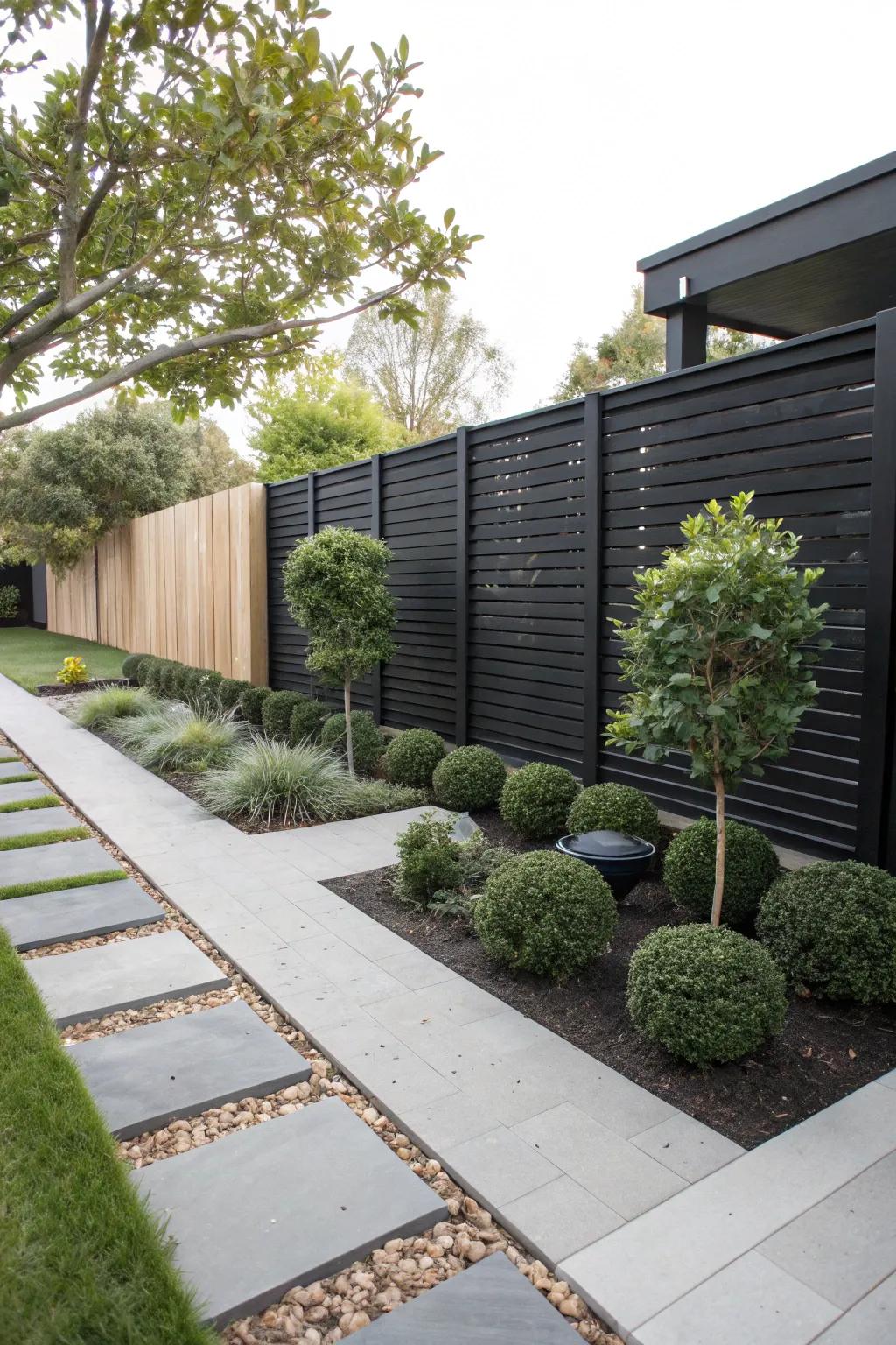 A modern garden featuring a minimalist black-stained slatted fence.