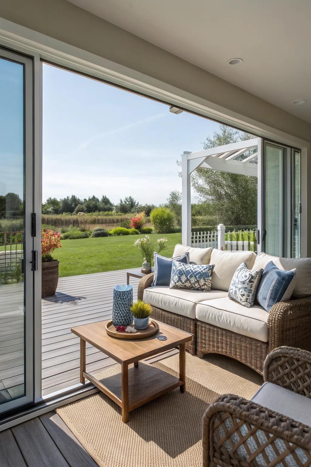 An outdoor living room setup on a deck with sliding doors, perfect for entertaining guests.
