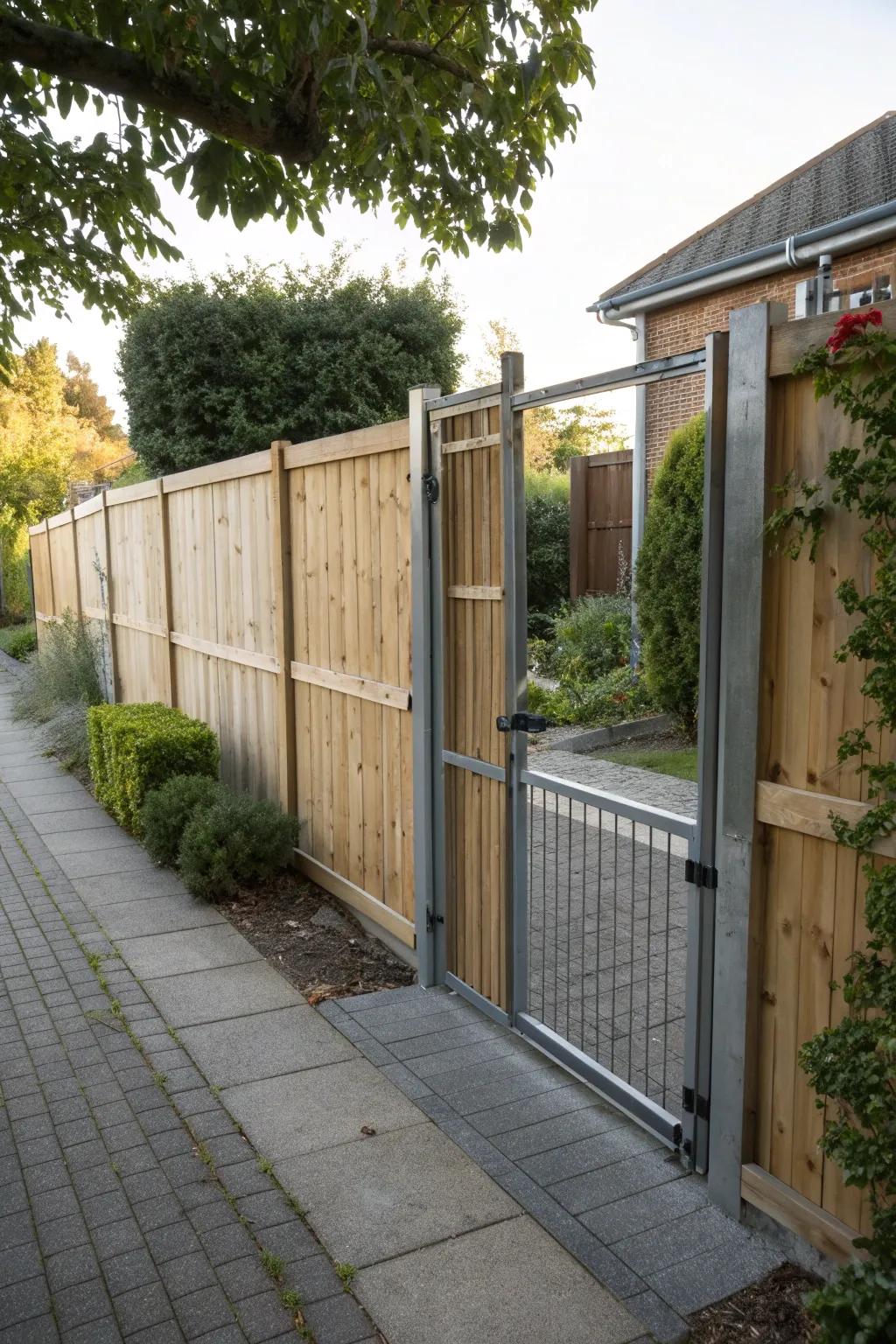 A striking combination of wood panels and metal frames in a sliding gate.