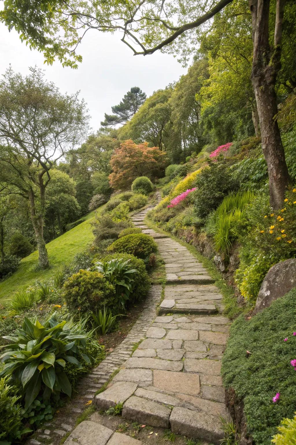 Stone pathways add a rustic charm to any sloped landscape.