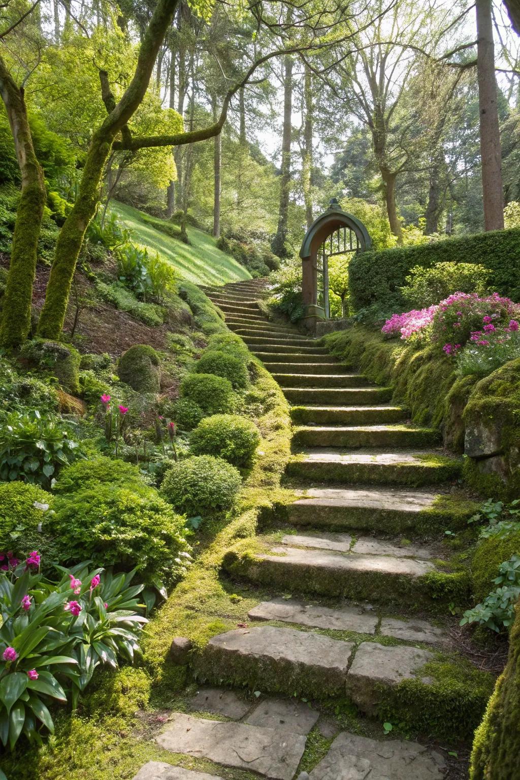 Stone steps create a charming pathway through your hillside garden.