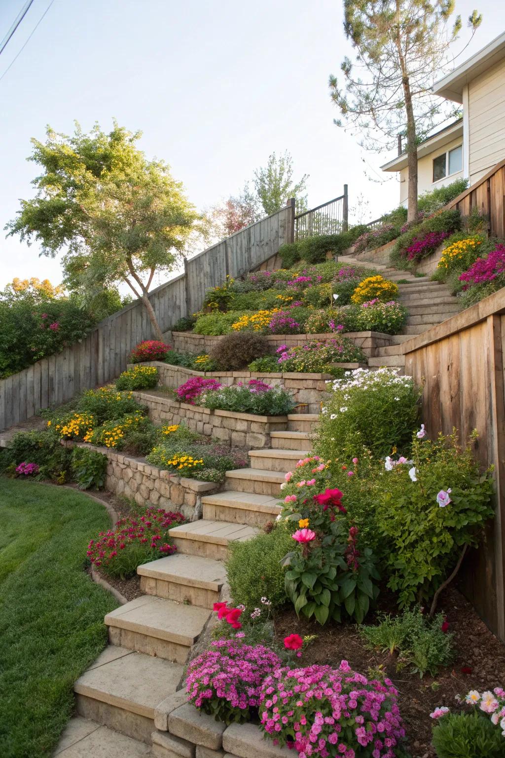 Terraced gardens transform slopes into vibrant, multi-level planting areas.