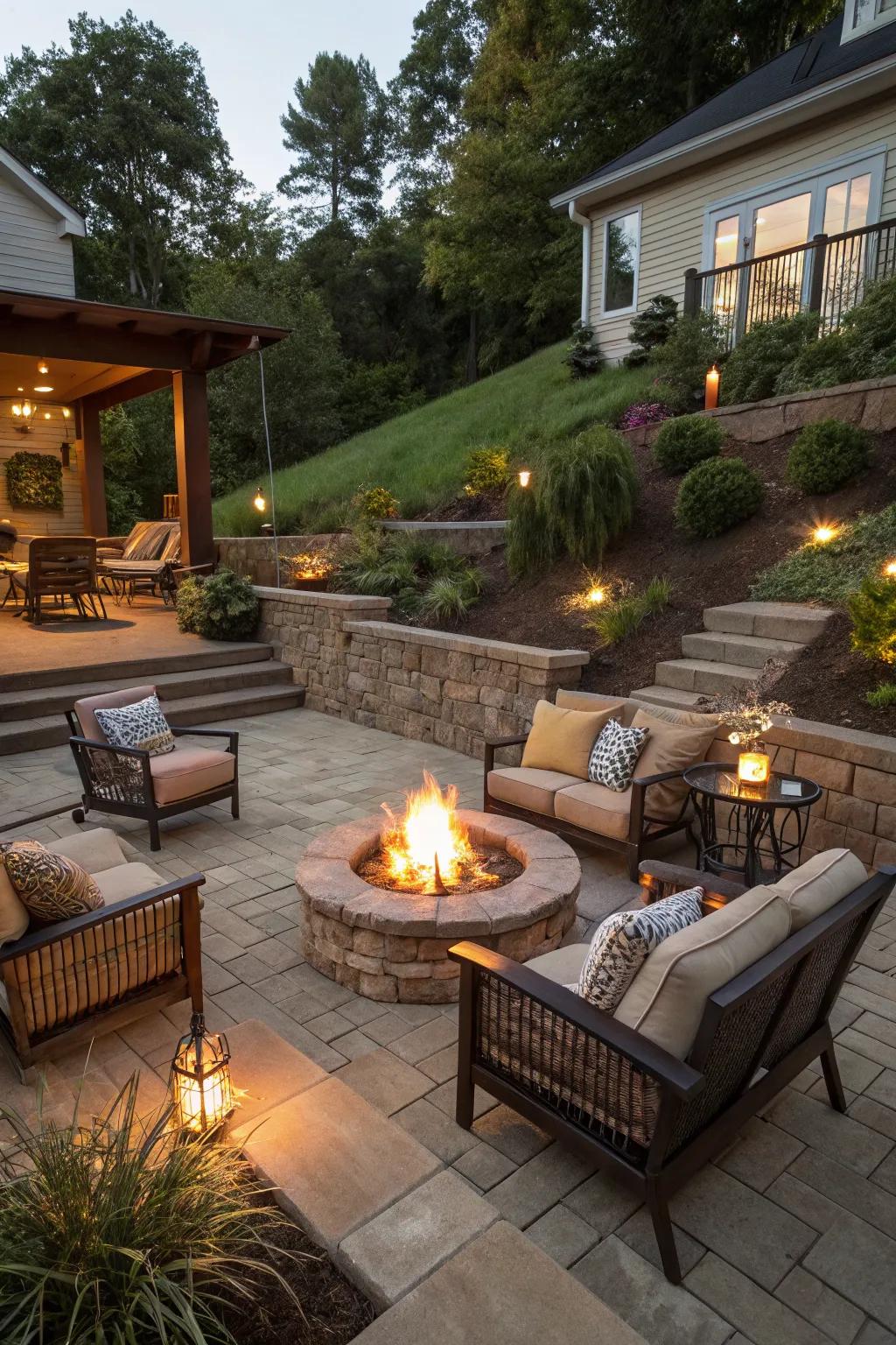 A warm and inviting fire pit area on a sloped patio.