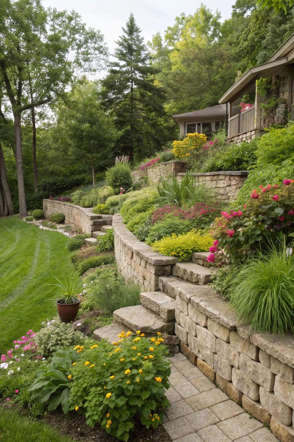 Retaining walls offer both practical and aesthetic benefits for sloped yard landscaping.