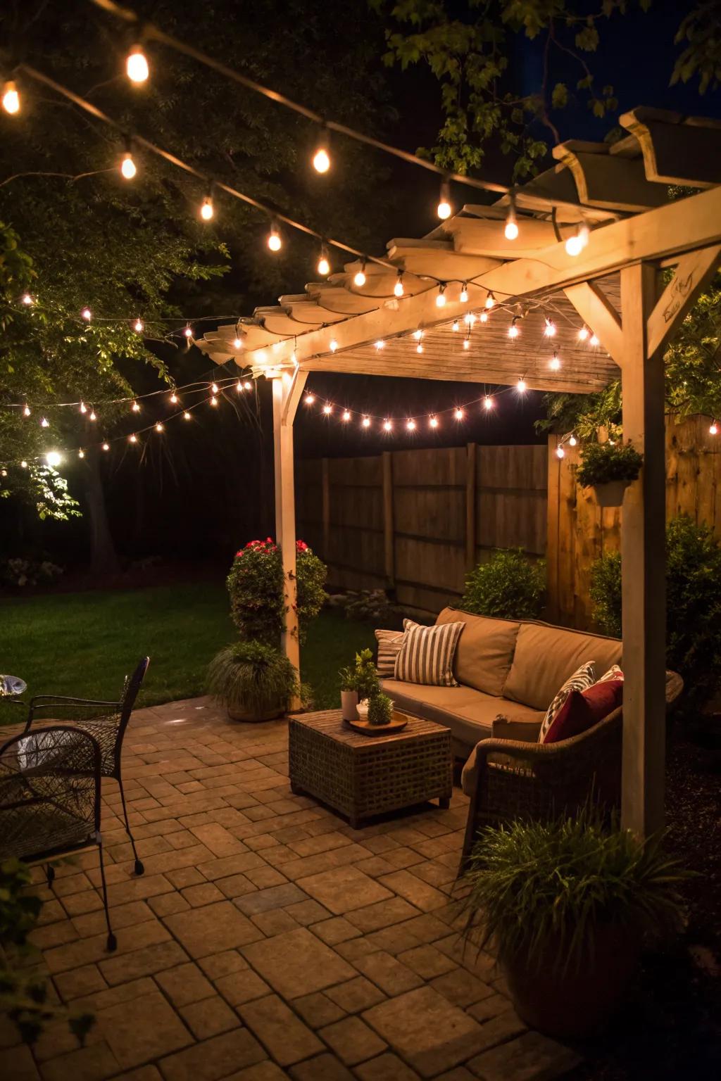 String lights transform a small patio into a magical space.