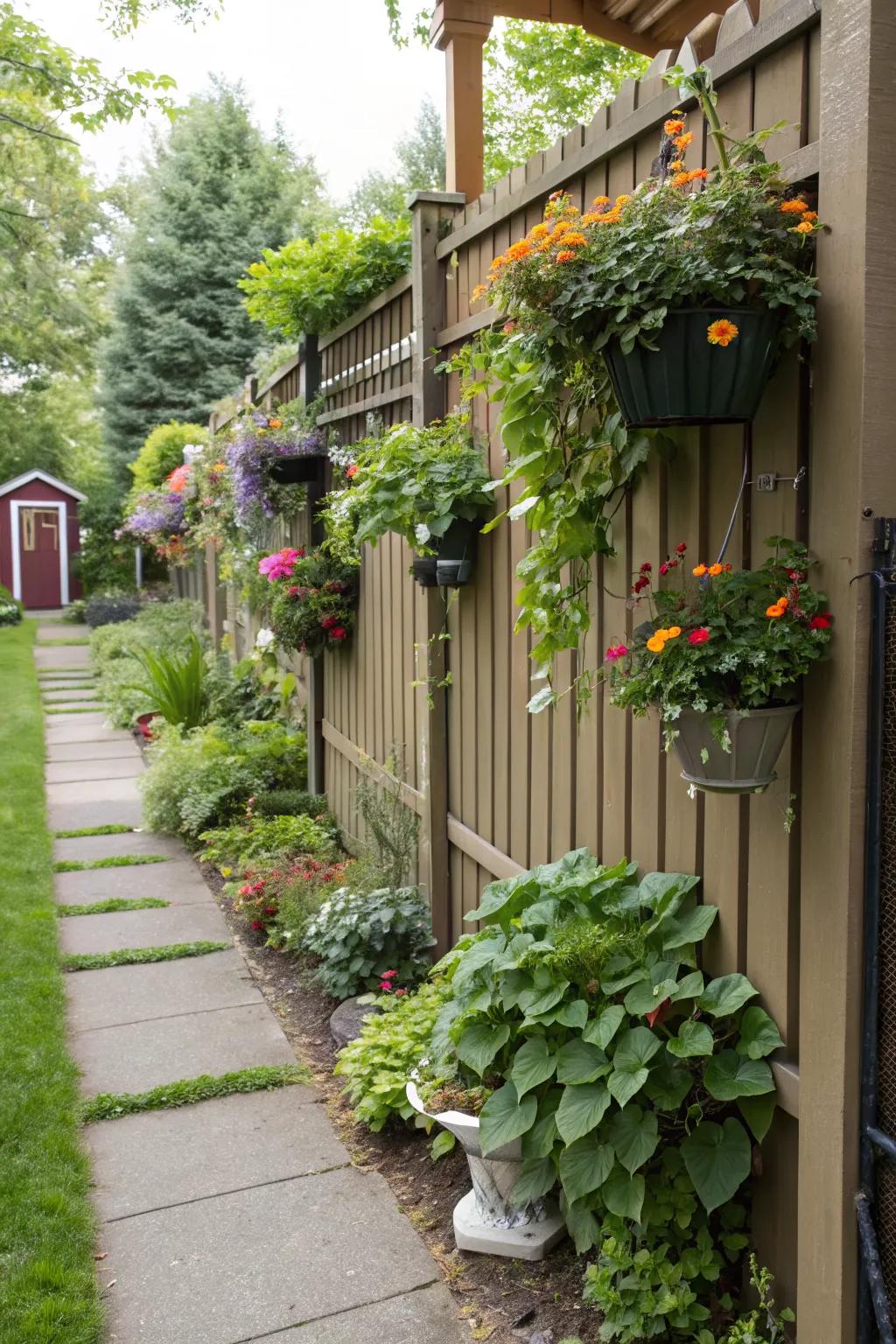 A vibrant vertical garden on a small backyard fence.