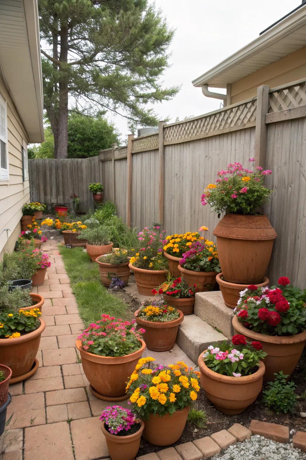 Charming terracotta pots filled with colorful blooms.