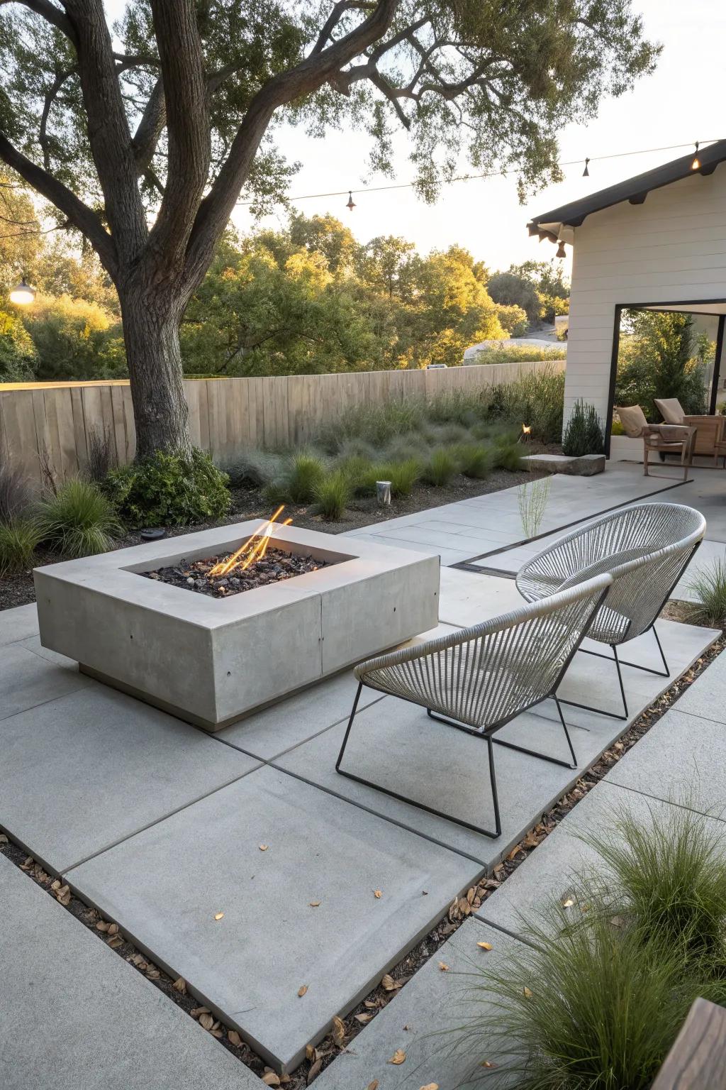 A modern aesthetic with a concrete fire pit and minimalist seating.