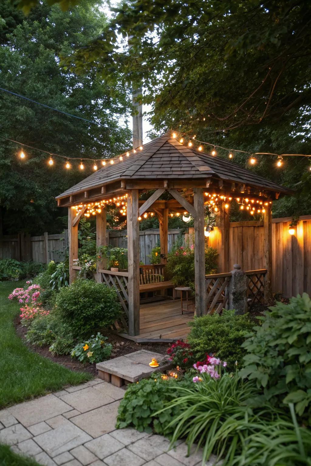 A rustic pavilion with wooden features creating a warm, inviting atmosphere.